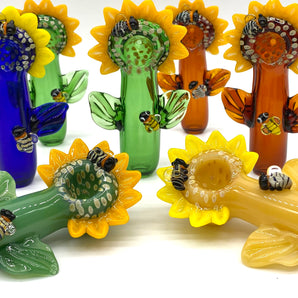 Glass Sunflower Bee Handpipe, Hand Blown Pipe, HP331-1/HP331-2